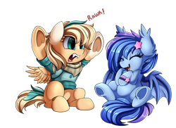 Size: 3509x2550 | Tagged: safe, artist:pridark, oc, oc only, oc:astral flare, oc:sun light, species:bat pony, species:pegasus, species:pony, bandana, bat pony oc, clothing, commission, cute, eyes closed, fangs, high res, laughing, ocbetes, open mouth, rawr, simple background, sweater, transparent background, underhoof