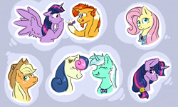 Size: 2000x1200 | Tagged: safe, artist:ruushiicz, character:applejack, character:bon bon, character:fluttershy, character:lyra heartstrings, character:sunburst, character:sweetie drops, character:twilight sparkle, character:twilight sparkle (alicorn), species:alicorn, species:earth pony, species:pegasus, species:pony, species:unicorn, ship:lyrabon, ship:twiburst, brooch, ear piercing, earring, engagement ring, female, headcanon, implied appledash, implied fluttermac, implied lesbian, implied shipping, implied straight, jewelry, lesbian, male, mare, marriage proposal, necklace, piercing, ribbon, shipping, spread wings, stallion, straight, wings