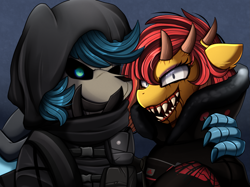 Size: 2379x1783 | Tagged: safe, artist:pridark, oc, oc only, species:pony, bust, clothing, commission, costume, halloween, holiday, horns, open mouth, portrait, rainbow six, tom clancy, video game crossover