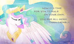 Size: 1000x600 | Tagged: safe, artist:ruushiicz, character:princess celestia, species:pony, end of ponies, eyes closed, female, message, signature, smiling, solo, sunlight