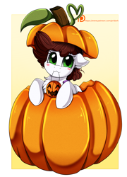 Size: 1758x2444 | Tagged: safe, artist:pridark, patreon reward, oc, oc only, oc:graph travel, species:pegasus, species:pony, :3, blushing, clothing, cute, female, freckles, halloween, holiday, mare, mouth hold, ocbetes, patreon, pumpkin, solo, vest
