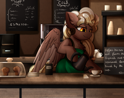 Size: 3030x2400 | Tagged: safe, artist:pridark, oc, oc only, oc:sweet mocha, species:pegasus, species:pony, barista, cafe, chest fluff, clothing, coffee, commission, cup, female, food, high res, mare, menu, muffin, plate, smiling, solo