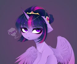 Size: 1920x1591 | Tagged: safe, artist:magnaluna, character:twilight sparkle, character:twilight sparkle (alicorn), species:alicorn, species:pony, alternate hairstyle, cheek fluff, chest fluff, crown, cute, dialogue, ear fluff, eyebrows, eyebrows visible through hair, female, floppy ears, jewelry, mare, purple background, regalia, simple background, solo, speech bubble, twiabetes, twilight is not amused, unamused, wing fluff