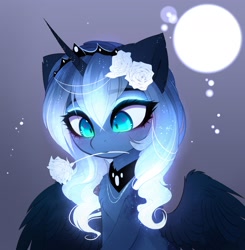 Size: 1920x1956 | Tagged: safe, artist:magnaluna, character:princess luna, species:alicorn, species:pony, chest fluff, crown, cute, ear fluff, female, flower, flower in hair, flower in mouth, gradient hair, horn, horn jewelry, jewelry, lunabetes, mare, mouth hold, neck fluff, regalia, solo
