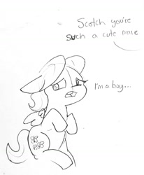 Size: 1150x1394 | Tagged: safe, artist:tjpones, character:fluttershy, species:pegasus, species:pony, adorascotch, black and white, butterscotch, cute, dialogue, femboy, floppy ears, grayscale, male, mistaken gender, monochrome, offscreen character, rule 63, rule63betes, solo, stallion