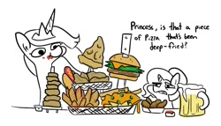 Size: 1008x576 | Tagged: safe, artist:tjpones, character:luster dawn, character:twilight sparkle, character:twilight sparkle (alicorn), species:alicorn, species:pony, species:unicorn, episode:the last problem, g4, my little pony: friendship is magic, alcohol, beer, burger, callback, cheeseburger, chips, deep fried, dialogue, food, hamburger, hot dog, hot wings, lustie, meat, nachos, omnivore twilight, onion, onion ring tower, onion rings, partial color, pizza, ponies eating meat, princess twilight 2.0, sausage, this will end in weight gain, twiggie, twilight burgkle