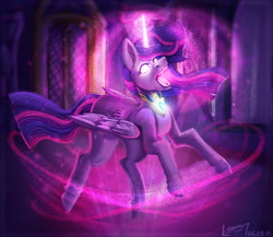 Size: 2000x1736 | Tagged: safe, artist:sakishithewolf, character:twilight sparkle, character:twilight sparkle (alicorn), species:alicorn, species:pony, alicorn amulet, female, floating, flowing mane, glowing eyes, glowing horn, horn, indoors, magic, magic aura, magic overload, mare, open mouth, solo