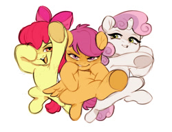 Size: 1280x984 | Tagged: safe, artist:kapusha-blr, character:apple bloom, character:scootaloo, character:sweetie belle, species:earth pony, species:pegasus, species:pony, species:unicorn, action pose, armpits, cute, cutie mark crusaders, female, filly, heart eyes, looking at you, open mouth, redraw, simple background, smiling, white background, wingding eyes