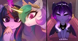 Size: 2280x1208 | Tagged: safe, artist:magnaluna, character:princess celestia, character:princess luna, character:twilight sparkle, character:twilight sparkle (alicorn), species:alicorn, species:pony, 3:, :>, :t, angry, cheek pinch, chest fluff, crown, cute, digital art, ear fluff, eyebrows, eyebrows visible through hair, female, glowing horn, grumpy, grumpy luna, horn, jewelry, leg fluff, luna is not amused, lunabetes, madorable, magic, magic glow, mare, neck fluff, regalia, royal sisters, sitting, smiling, telekinesis, unamused