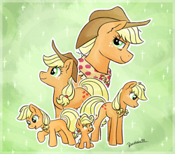 Size: 1366x1200 | Tagged: safe, artist:ruushiicz, character:applejack, species:earth pony, species:pony, age progression, applejack day, clothing, cowboy hat, ear fluff, female, filly, foal, green background, green eyes, hat, jackletree, looking at you, mare, multeity, scarf, simple background, solo