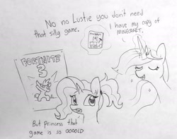 Size: 1684x1325 | Tagged: safe, artist:tjpones, character:luster dawn, character:twilight sparkle, character:twilight sparkle (alicorn), species:alicorn, species:pony, species:unicorn, episode:the last problem, g4, my little pony: friendship is magic, dab, dialogue, duo, female, fortnite, lustie, magic, mare, millennial luster dawn, minecraft, paper, poster, princess twilight 2.0, simple background, telekinesis, traditional art, white background, zoomer