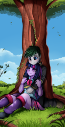 Size: 1536x2983 | Tagged: safe, artist:pridark, character:twilight sparkle, character:twilight sparkle (alicorn), oc, oc:loyal wing, species:alicorn, species:human, species:pony, my little pony:equestria girls, canon x oc, clothing, commission, female, leg warmers, male, miniskirt, panties, pants, pleated skirt, shipping, shoes, skirt, smiling, tree, underwear, upskirt, white panties, white underwear
