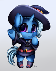 Size: 2308x2947 | Tagged: safe, artist:pridark, character:trixie, species:pony, species:unicorn, anime, arm hooves, bipedal, boots, chibi, clothing, cosplay, costume, cute, diatrixes, dress, female, halloween, hat, heart, high res, holiday, hoodie, hoof heart, little witch academia, looking at you, mare, semi-anthro, shoes, signature, skirt, smiling, solo, weapons-grade cute, witch costume, witch hat