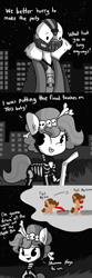 Size: 1080x3240 | Tagged: safe, artist:tjpones, oc, oc only, oc:brownie bun, oc:richard, horse wife, apple, apple bobbing, bane, bendy straw, clothing, comic, costume, cute, drinking straw, food, halloween, halloween costume, holiday, monochrome, neo noir, ocbetes, partial color, skeleton costume, thought bubble