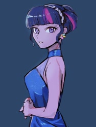 Size: 480x640 | Tagged: safe, artist:yakieringi014, character:twilight sparkle, my little pony:equestria girls, alternate hairstyle, blue background, clothing, dress, ear piercing, earring, female, halter, jewelry, piercing, simple background, solo