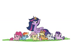 Size: 1200x798 | Tagged: safe, artist:tjpones, character:applejack, character:fluttershy, character:pinkie pie, character:rainbow dash, character:rarity, character:starlight glimmer, character:twilight sparkle, character:twilight sparkle (alicorn), species:alicorn, species:earth pony, species:pegasus, species:pony, species:unicorn, episode:the last problem, g4, my little pony: friendship is magic, female, mane six, older, older applejack, older fluttershy, older mane six, older pinkie pie, older rainbow dash, older rarity, older starlight glimmer, older twilight, one of these things is not like the others, princess twilight 2.0, simple background, smol, squatpony, the tables have turned, twiggie, white background, woonoggles