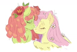 Size: 1280x875 | Tagged: safe, artist:kapusha-blr, character:fluttershy, character:tree hugger, species:earth pony, species:pegasus, species:pony, ship:flutterhugger, eyes closed, female, flower, flower in hair, lesbian, mare, shipping, simple background, white background, wings