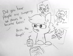 Size: 1761x1336 | Tagged: safe, artist:tjpones, oc, oc:tjpones, species:anthro, species:diamond dog, species:digitigrade anthro, species:dragon, species:earth pony, species:pony, anthro with ponies, awoo, bendy straw, chips, dialogue, drinking straw, food, glasses, male, offscreen character, poster, sitting, soda, soda can, stallion, straw, winnie the werewolf