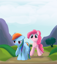 Size: 891x1000 | Tagged: safe, artist:ctb-36, character:pinkie pie, character:rainbow dash, species:earth pony, species:pegasus, species:pony, annoyed, bouncing, duo, duo female, female, grin, mare, ponyville, rainbow dash is not amused, so fucking happy, unamused