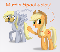 Size: 869x750 | Tagged: safe, artist:ctb-36, character:applejack, character:derpy hooves, species:earth pony, species:pegasus, species:pony, duo, duo female, female, food, glasses, mare, muffin, pointing, spectacles, underp