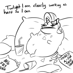 Size: 1080x1080 | Tagged: safe, artist:tjpones, character:starlight glimmer, species:pony, species:unicorn, blatant lies, chips, fat, female, food, grayscale, implied twilight sparkle, monochrome, obese, pillow, slob, soda, solo, starlard glimmer