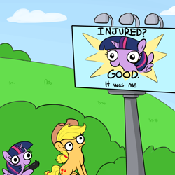 Size: 3000x3000 | Tagged: safe, artist:tjpones, edit, character:applejack, character:twilight sparkle, character:twilight sparkle (alicorn), species:alicorn, species:pegasus, species:pony, behind you, billboard, derp, female, frown, gun, handgun, hoof hold, imminent death, imminent murder, imminent pain, mare, meme, pistol, sitting, smiling, sparkles! the wonder horse!, this will end in death, this will end in tears, this will end in tears and/or death, twibitch sparkle, weapon, wide eyes