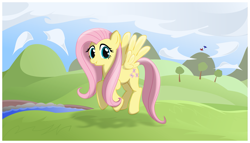 Size: 1133x650 | Tagged: safe, artist:ctb-36, character:fluttershy, species:pegasus, species:pony, female, flying, mare, smiling, solo