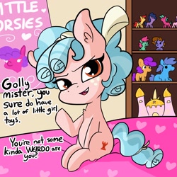 Size: 2250x2250 | Tagged: safe, artist:tjpones, character:cozy glow, species:earth pony, species:pony, bed, bedroom, bronybait, chest fluff, dialogue, doll, female, filly, freckles, golly, high res, implied brony, looking at you, missing wing, poster, shelf, talking to viewer, toy, truth