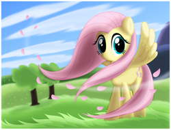 Size: 1092x830 | Tagged: safe, artist:ctb-36, character:fluttershy, species:pegasus, species:pony, female, grass, mare, smiling, solo, windswept mane