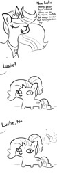Size: 1620x4860 | Tagged: safe, artist:tjpones, character:luster dawn, character:twilight sparkle, character:twilight sparkle (alicorn), species:alicorn, species:pony, species:unicorn, episode:the last problem, g4, my little pony: friendship is magic, black and white, comic, eyes closed, female, grayscale, gun, handgun, levitation, lineart, lustie, magic, mare, monochrome, pistol, princess twilight 2.0, simple background, smiling, squatpony, telekinesis, twiggie 2.0, weapon, white background, woonoggles