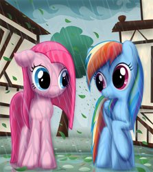 Size: 804x900 | Tagged: safe, artist:ctb-36, character:pinkamena diane pie, character:pinkie pie, character:rainbow dash, species:earth pony, species:pegasus, species:pony, duo, female, leaves, looking at each other, mare, rain, smiling, wet, wet mane