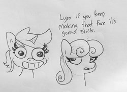 Size: 1346x978 | Tagged: safe, artist:tjpones, character:bon bon, character:lyra heartstrings, character:sweetie drops, species:pony, g4.5, my little pony:pony life, bust, calarts, duo, faec, grinning potato, l.u.l.s., monochrome, sketch, thin-line style, traditional art