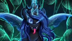 Size: 2280x1282 | Tagged: safe, artist:pridark, oc, oc:queen lahmia, species:changeling, blue changeling, bust, changeling queen, changeling queen oc, commission, female, high res, looking at you, open mouth, portrait, solo, tongue out