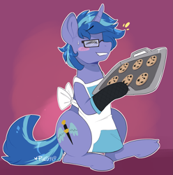 Size: 1485x1500 | Tagged: safe, artist:pixelyte, oc, oc:blue cola, species:pony, species:unicorn, apron, baking tray, blushing, chocolate chip cookies, clothing, cookie, cutie mark, eyes closed, food, glasses, male, naked apron, oven mitts, simple background, smiling, solo, stallion, sweat, ych result