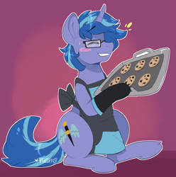 Size: 1485x1500 | Tagged: safe, alternate version, artist:pixelyte, oc, oc:blue cola, species:pony, species:unicorn, apron, baking tray, blushing, chocolate chip cookies, clothing, cookie, cutie mark, eyes closed, food, glasses, male, naked apron, oven mitts, simple background, smiling, solo, stallion, sweat, ych result