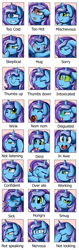 Size: 2349x7457 | Tagged: safe, artist:pridark, oc, oc only, oc:untitled work, species:pony, species:unicorn, blushing, covering ears, covering eyes, covering mouth, derp, disgusted, donut, drool, emotes, food, green eyes, looking at you, magic glow, nervous, one eye closed, open mouth, sick, swirly eyes, thermometer, thumbs down, thumbs up, tongue out, wink