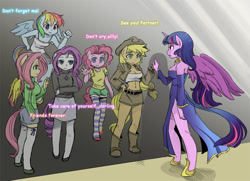 Size: 1000x722 | Tagged: safe, artist:shepherd0821, character:applejack, character:fluttershy, character:pinkie pie, character:rainbow dash, character:rarity, character:twilight sparkle, character:twilight sparkle (alicorn), species:alicorn, species:anthro, species:pony, species:unguligrade anthro, ambiguous facial structure, belly button, breasts, busty applejack, busty fluttershy, clothing, feels, female, immortality blues, mane six, midriff, reflection, sad, sweater, sweatershy