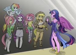 Size: 1000x722 | Tagged: safe, artist:shepherd0821, character:applejack, character:fluttershy, character:pinkie pie, character:rainbow dash, character:rarity, character:twilight sparkle, character:twilight sparkle (alicorn), species:alicorn, species:anthro, species:pony, species:unguligrade anthro, ambiguous facial structure, breasts, busty applejack, busty fluttershy, cleavage, clothing, feels, female, immortality blues, mane six, pierce the heavens!!, reflection, sad, skirt, sweater, sweatershy, t-shirt, tank top, vietnam memorial