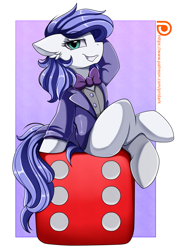 Size: 2550x3509 | Tagged: safe, artist:pridark, patreon reward, oc, oc only, oc:crowne prince, species:earth pony, species:pony, arm behind head, bow tie, clothing, crossed hooves, crossed legs, cuphead, digital art, female, grin, high res, king dice, mare, patreon, patreon logo, sitting, smiling, solo, suit