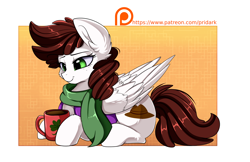 Size: 2430x1576 | Tagged: safe, artist:pridark, patreon reward, oc, oc only, oc:graph travel, species:pegasus, species:pony, clothing, cup, cutie mark, drink, female, freckles, green eyes, mare, patreon, patreon logo, scarf, smiling, solo, vest