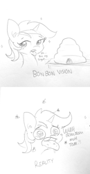 Size: 1362x2610 | Tagged: safe, artist:tjpones, character:lyra heartstrings, species:pony, species:unicorn, bedroom eyes, bee, bee sting, beehive, female, implied bon bon, implied lesbian, implied lyrabon, implied shipping, insect, l.u.l.s., monochrome, shipping goggles, sketch, solo, sparkles, teary eyes, tongue out, traditional art