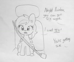Size: 1741x1440 | Tagged: safe, artist:tjpones, character:rainbow dash, species:pegasus, species:pony, dialogue, female, food, mare, monochrome, offscreen character, seatbelt, simple background, sitting, solo, traditional art