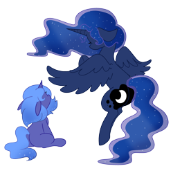 Size: 3000x3000 | Tagged: safe, artist:dreamdroplets, artist:pollyroid, character:princess luna, species:alicorn, species:pony, age progression, blank flank, duality, ethereal mane, facing away, female, filly, floppy ears, galaxy mane, mare, self ponidox, simple background, sitting, solo, spread wings, transparent background, unicorn luna, wings, woona, younger