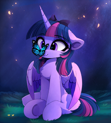 Size: 1300x1439 | Tagged: safe, artist:magnaluna, character:twilight sparkle, character:twilight sparkle (alicorn), species:alicorn, species:pony, bow, butterfly, butterfly on nose, c:, chest fluff, crepuscular rays, cross-eyed, cute, dark, dawwww, ear fluff, eye reflection, female, floppy ears, fluffy, grass, hair bow, hnnng, insect on nose, leg fluff, looking at something, magnaluna is trying to murder us, mare, nature, night, petals, reflection, sitting, smiling, solo, spread wings, twiabetes, underhoof, wing fluff, wings