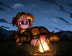 Size: 3300x2550 | Tagged: safe, artist:pridark, oc, oc only, oc:gentle care, species:pony, species:unicorn, bonfire, campfire, clothing, commission, female, fire, first aid kit, high res, mare, medical saddlebag, night, prone, solo, underhoof