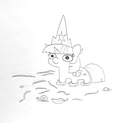 Size: 1381x1361 | Tagged: safe, artist:tjpones, character:twilight sparkle, oc, oc:puddle worms™, species:alicorn, species:pony, episode:the last problem, g4, my little pony: friendship is magic, clothing, crown, female, grayscale, hoof shoes, jewelry, leaf, mare, monochrome, oversized clothes, princess shoes, regalia, snail, solo, spider, traditional art, twiggie, worm
