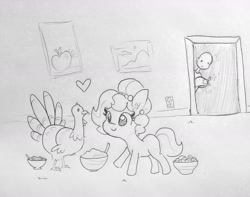 Size: 1716x1355 | Tagged: safe, artist:tjpones, oc, oc only, oc:brownie bun, oc:richard, species:bird, species:earth pony, species:human, species:pony, horse wife, female, grayscale, heart, holiday, mare, monochrome, pencil drawing, thanksgiving, traditional art, turkey