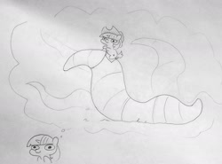 Size: 1800x1335 | Tagged: safe, artist:tjpones, character:twilight sparkle, oc, oc:puddle worms™, species:pony, species:unicorn, clothing, cowboy hat, dune, fantasizing, female, grayscale, hat, macro, mare, monochrome, pencil drawing, ponies riding worms, thought bubble, traditional art, twiggie, worm