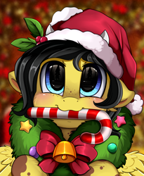 Size: 1446x1764 | Tagged: safe, artist:pridark, oc, oc:reia hope, species:earth pony, species:pony, blue eyes, candy, candy cane, christmas, clothing, commission, cute, food, hat, holiday, ocbetes, pridark's christmas ponies, santa hat, solo, wreath, ych result