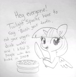 Size: 1440x1444 | Tagged: safe, artist:tjpones, character:twilight sparkle, character:twilight sparkle (alicorn), species:alicorn, species:pony, cake, female, food, hoof hold, implied murder, knife, monochrome, mood whiplash, murder, pencil drawing, solo, talking to viewer, traditional art